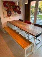 Eettafel + Bank eiken, hout, wit staal frame, eethoek, Huis en Inrichting, Tafels | Eettafels, Ophalen, 200 cm of meer, 50 tot 100 cm