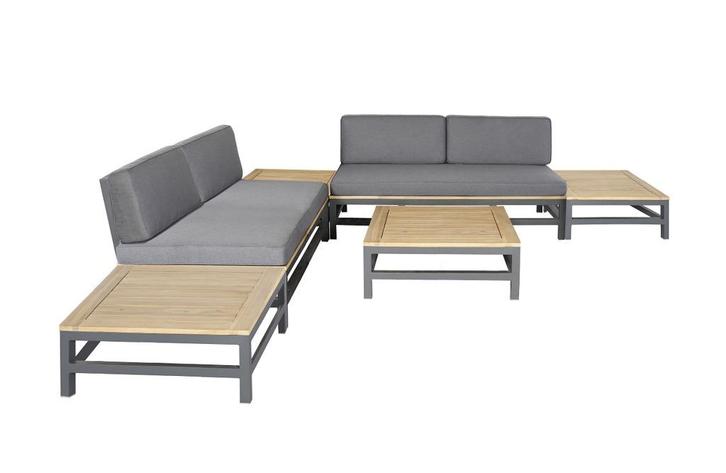 Betis Hoek-loungeset 6-delig | Acacia & Aluminium | Grijs, Tuin en Terras, Tuinsets en Loungesets, Nieuw, Aluminium, Bank, Bijzettafel