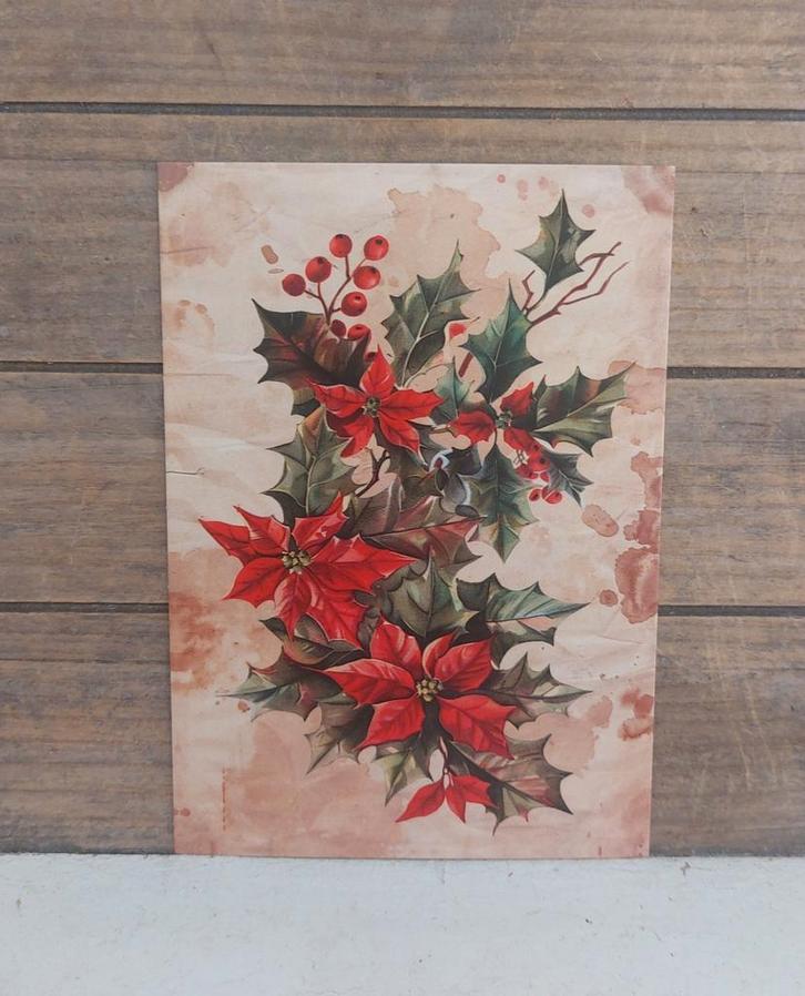 Vintage look kerst-kaart kerststukje met o.a. rode kerstster, Verzamelen, Ansichtkaarten | Themakaarten, Ongelopen, 1980 tot heden