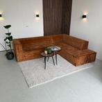 GRATIS BEZORGING - velours hoekbank cognac - Gereinigd, 250 tot 300 cm, Hoekbank, Ophalen of Verzenden, Zo goed als nieuw