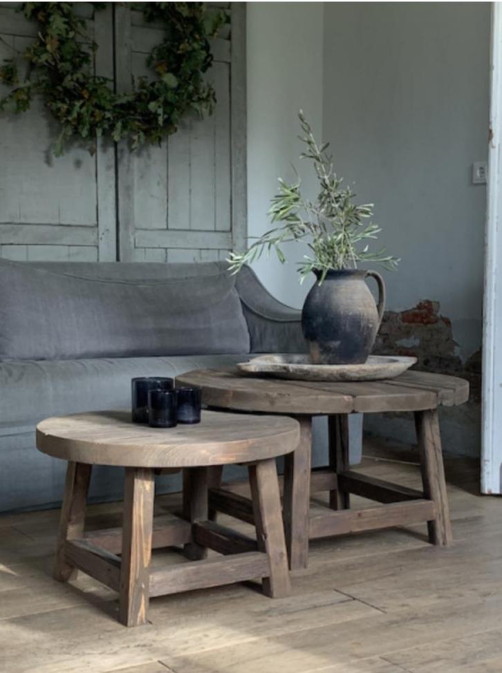 Stoere RONDE SALONTAFELS * oud,sober,hout* Huisje Sfeer, Huis en Inrichting, Tafels | Salontafels, Nieuw, Minder dan 50 cm, 50 tot 100 cm