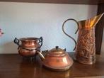 Rood geel koperen bewerkt kannetje bloempotje en theepotje, Antiek en Kunst, Antiek | Koper en Brons, Ophalen of Verzenden