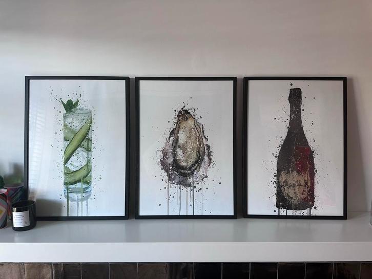 3 We Love Prints A2 formaat Gin Tonic, Oester, Dom Perignon, Antiek en Kunst, Kunst | Tekeningen en Foto's, Ophalen of Verzenden