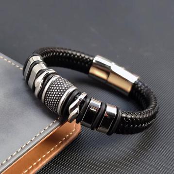 Zwarte Leren Stalen Heren Armband   beschikbaar voor biedingen