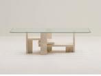 Willy Ballez vintage design salontafel Travertin & Glas, Huis en Inrichting, Ophalen, 100 tot 150 cm, 50 tot 100 cm, Glas