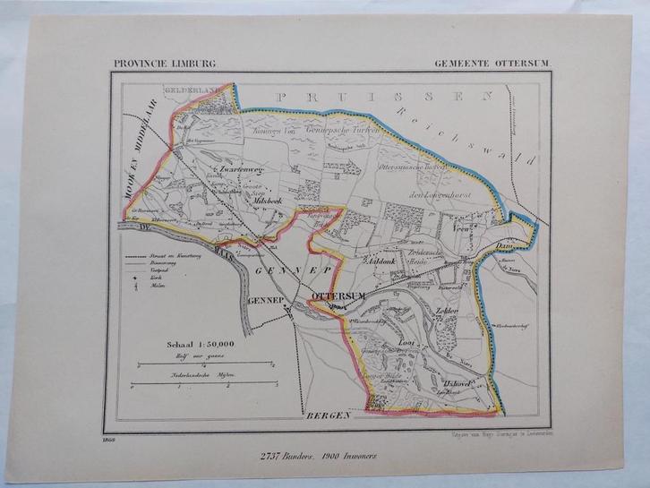 42 / Gemeente Ottersum Limburg Litho uit 1869 door J. Kuyper, Antiek en Kunst, Kunst | Litho's en Zeefdrukken, Ophalen of Verzenden