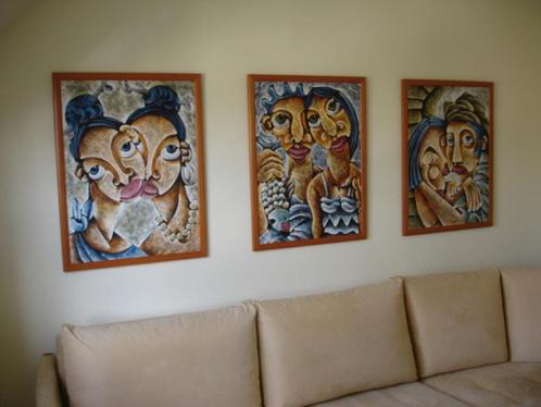Cuba - Set van vier stuks figuratieve Cubaanse schilderijen!, Huis en Inrichting, Woonaccessoires | Schilderijen, Tekeningen en Foto's