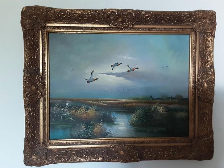 Berendam, olieverf schilderij met eenden, Antiek en Kunst, Kunst | Schilderijen | Klassiek, Ophalen