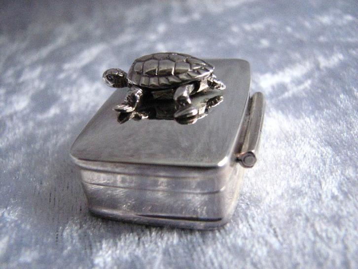 Mooi rechthoekig Zilveren Doosje met Schildpad op Deksel, Antiek en Kunst, Antiek | Goud en Zilver, Zilver, Verzenden