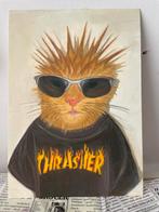 Original Schilderij: Kat met Thrasher shirt, Antiek en Kunst, Kunst | Schilderijen | Klassiek, Ophalen of Verzenden