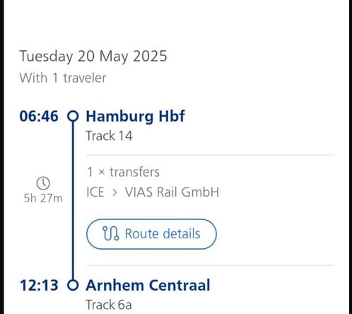 Hamburg Hbf - Arnhem NS 20 mei 1 persoon, Tickets en Kaartjes, Trein, Bus en Vliegtuig, Eén persoon, Met bestemming of datum, Trein