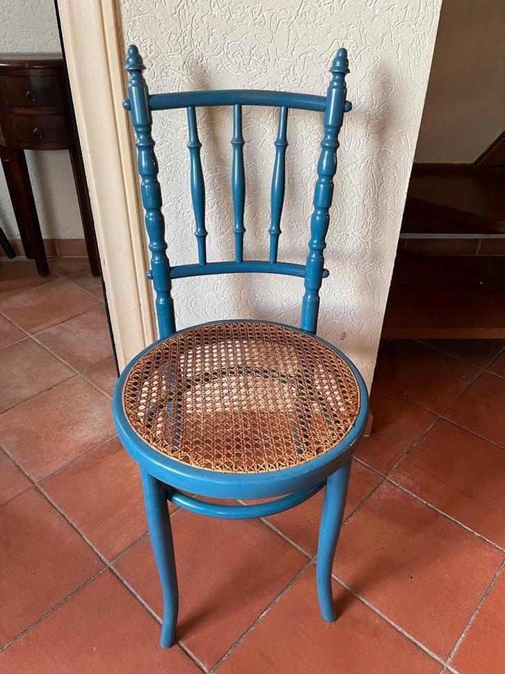 Fischel Stoel - Blauw met Rotan Zitting, Huis en Inrichting, Stoelen, Gebruikt, Eén, Hout, Blauw, Ophalen