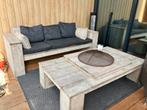 Steigerhouten bank en tafel met vuurkorf, Tuin en Terras, Ophalen, Gebruikt, Hout