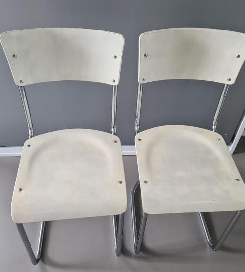 2 vintage  Auping buisframe stoelen, model 656, Huis en Inrichting, Stoelen, Gebruikt, Twee, Hout, Metaal, Wit, Ophalen of Verzenden