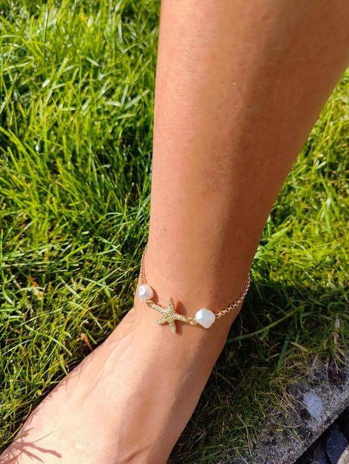 Gouden enkelbandje met zeester & parels, Sieraden, Tassen en Uiterlijk, Enkelbandjes en Enkelkettinkjes, Zo goed als nieuw, Goud