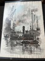 Mooie oude aquarel haven, Antiek en Kunst, Kunst | Tekeningen en Foto's, Ophalen of Verzenden