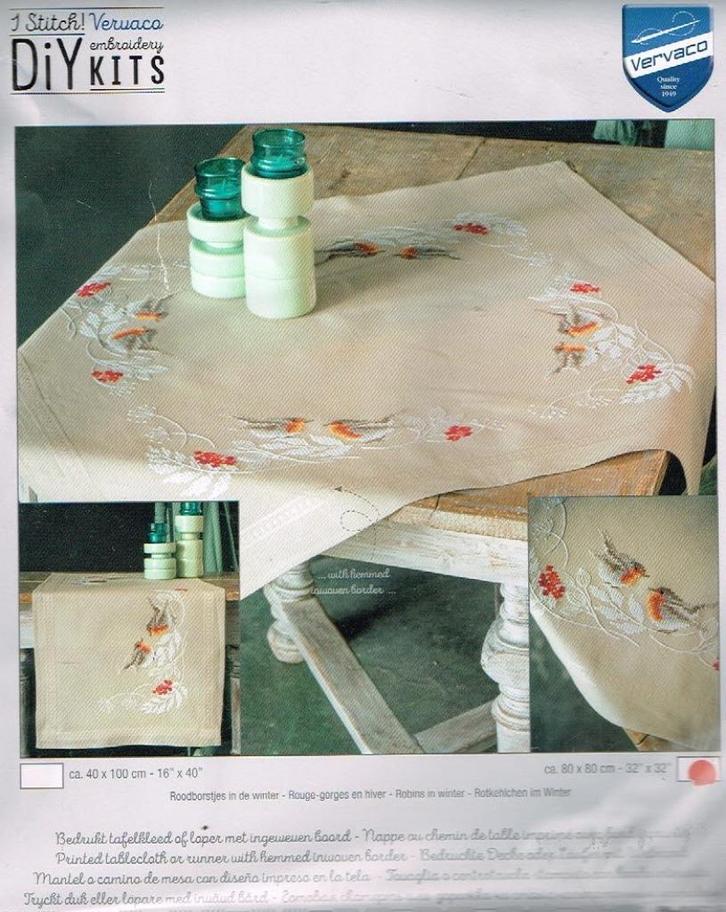 Cado vervaco borduurpakket dekservet, roodborstjes in winter, Hobby en Vrije tijd, Borduren en Borduurmachines, Nieuw, Borduurpakket