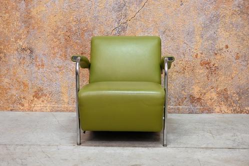 ZGANieuw! groene lerenLeolux Scylla design fauteuil, Huis en Inrichting, Fauteuils, Zo goed als nieuw, Leer, Metaal, 50 tot 75 cm