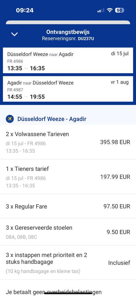 3 tickets van Weeze-Agadir, Tickets en Kaartjes, Trein, Bus en Vliegtuig, Drie personen of meer, Met bestemming of datum, Vliegtuig