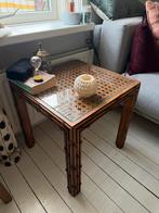 Vintage Bamboe Bijzettafel met Glas & Rotan, Minder dan 50 cm, Gebruikt, Vierkant, Ophalen of Verzenden