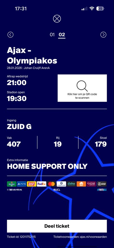Kaartje ajax olympiakos, Tickets en Kaartjes, Eén persoon