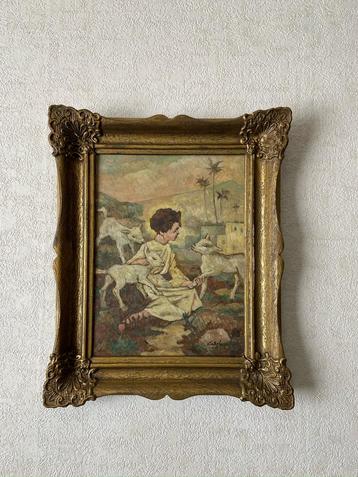 Schilderij jongen met lammetjes beschikbaar voor biedingen