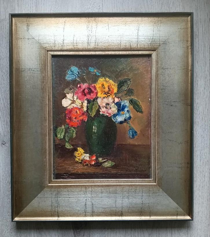 Stilleven met viooltjes - gesigneerd Van Rijn, Antiek en Kunst, Kunst | Schilderijen | Klassiek, Ophalen of Verzenden