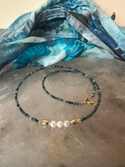 Toermalijn indigoliet akoya zoutwater parel beschermt geluk, Sieraden, Tassen en Uiterlijk, Kettingen, Nieuw, Zilver, Blauw, Met edelsteen