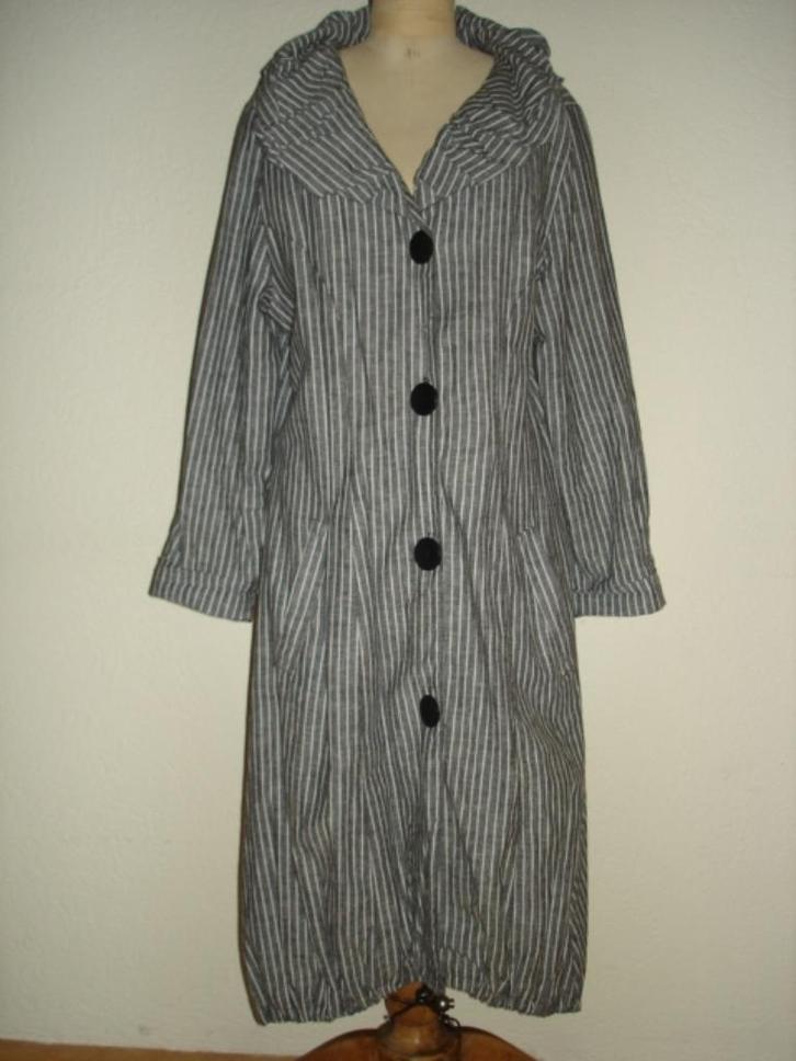 Ophilia maxi jas maat 42 grijs wit gestreept linnen katoen, Kleding | Dames, Jassen | Winter, Zo goed als nieuw, Maat 42/44 (L)