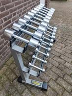 Technogym chrome dumbells set 1kg/10kg inclusief rek, Sport en Fitness, Fitnessmaterialen, Ophalen, Gebruikt, Benen, Dumbbell