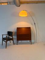 Vintage XL verstelbare booglamp, Solken Leuchten ‘70, Huis en Inrichting, Metaal, Vintage retro buisframe design rotan webbing papercord deens