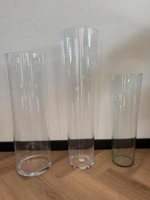 3 hoge glazen cilinder vazen, Huis en Inrichting, Woonaccessoires | Vazen, Gebruikt, Overige kleuren, 50 tot 75 cm, Glas, Ophalen of Verzenden