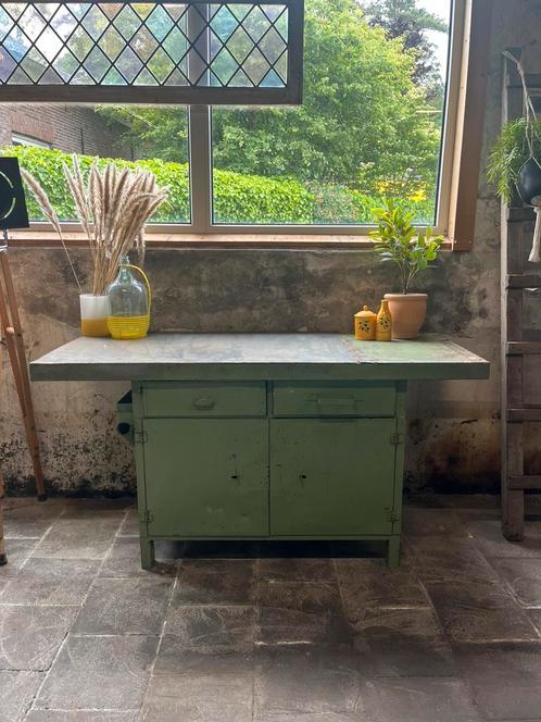 Industriële groene werkbank, Antiek en Kunst, Curiosa en Brocante, Ophalen