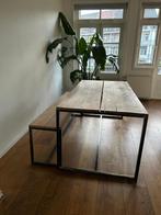 Handgemaakte houten eettafel en bank met stalen frame, Ophalen, Gebruikt, 50 tot 100 cm, Vijf personen of meer