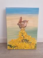 Schilderij Zingend Vogeltje op Gele Bloemen, Ophalen of Verzenden