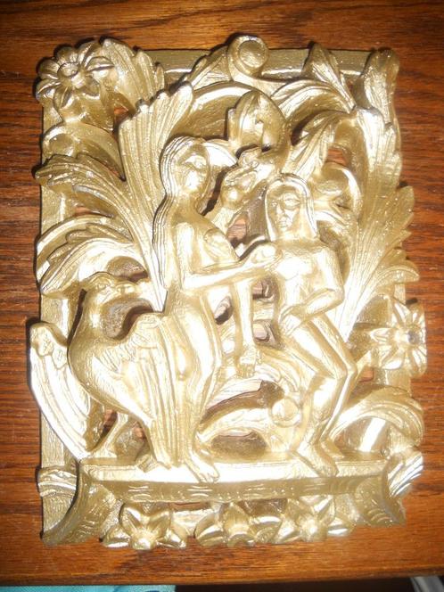 Goudkleurige plaquette met Adam & Eva, Antiek en Kunst, Antiek | Religie, Ophalen of Verzenden