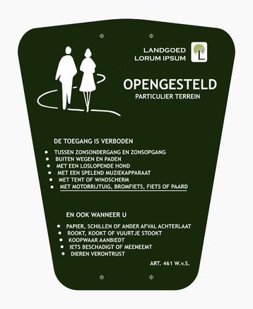 Openstelling Bord Opengesteld "Vrij wandelen op wegen paden" beschikbaar voor biedingen