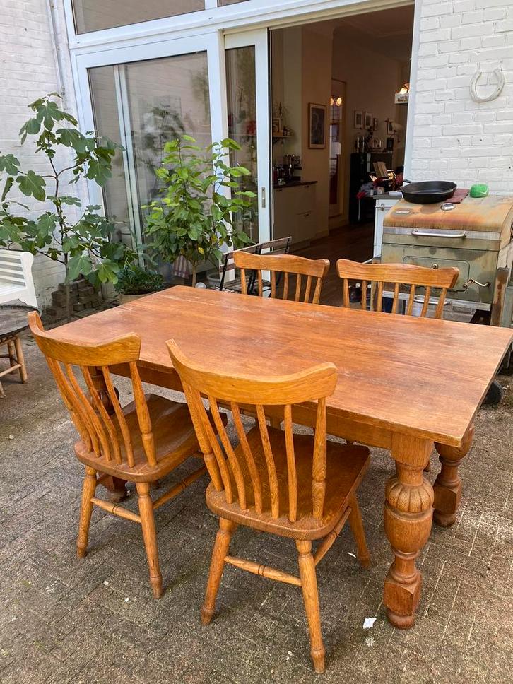 Eettafel met vier stoelen, maasief eiken, ca 1920, Pander, Antiek en Kunst, Antiek | Meubels | Tafels, Ophalen
