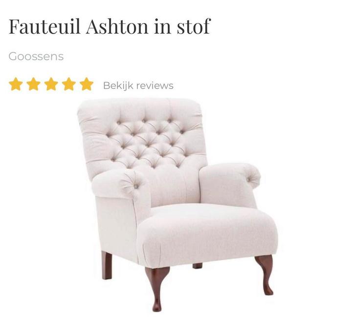 GEZOCHT: Landelijke fauteuil creme wit (Goossens), Huis en Inrichting, Fauteuils, Zo goed als nieuw, Stof, 50 tot 75 cm, 75 tot 100 cm