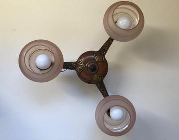 Vintage plafondlamp, jaren 30, oud roze, hout, koper beschikbaar voor biedingen