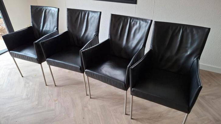 Set van 6 leren eetkamerstoelen, Huis en Inrichting, Stoelen, Gebruikt, Vijf, Zes of meer stoelen, Leer, Metaal, Zwart, Ophalen