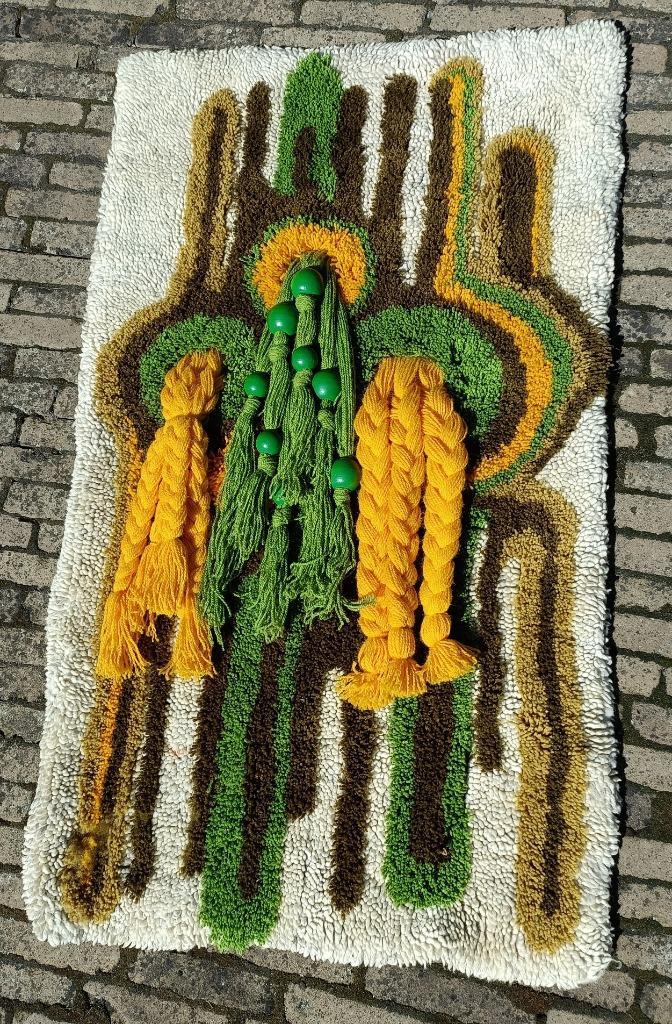 Vintage 1970 smyrna wandkleed psychedelisch groen geel, Hobby en Vrije tijd, Borduren en Borduurmachines, Zo goed als nieuw, Ophalen of Verzenden