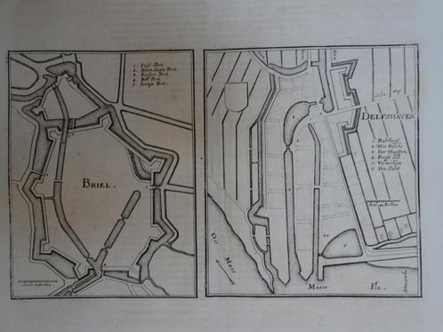 Dubbelgravure plattegrond Delfshaven Brielle, C. Merian 1670, Antiek en Kunst, Kunst | Etsen en Gravures, Verzenden