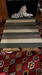 Industriële salontafel op grote zwenkwielen, Ophalen, Gebruikt, 100 tot 150 cm, Eikenhout