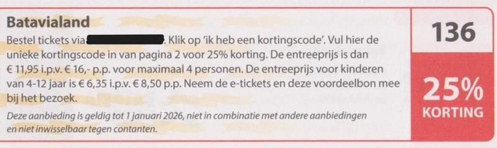 Batavialand, Lelystad. 25% korting. Postcodeloterij bon 136., Tickets en Kaartjes, Musea, Drie personen of meer, Kortingskaart