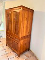 Massieve teakhouten kast – handgesneden details – tweedelig, Ophalen, Gebruikt, 100 tot 150 cm, Teakhout