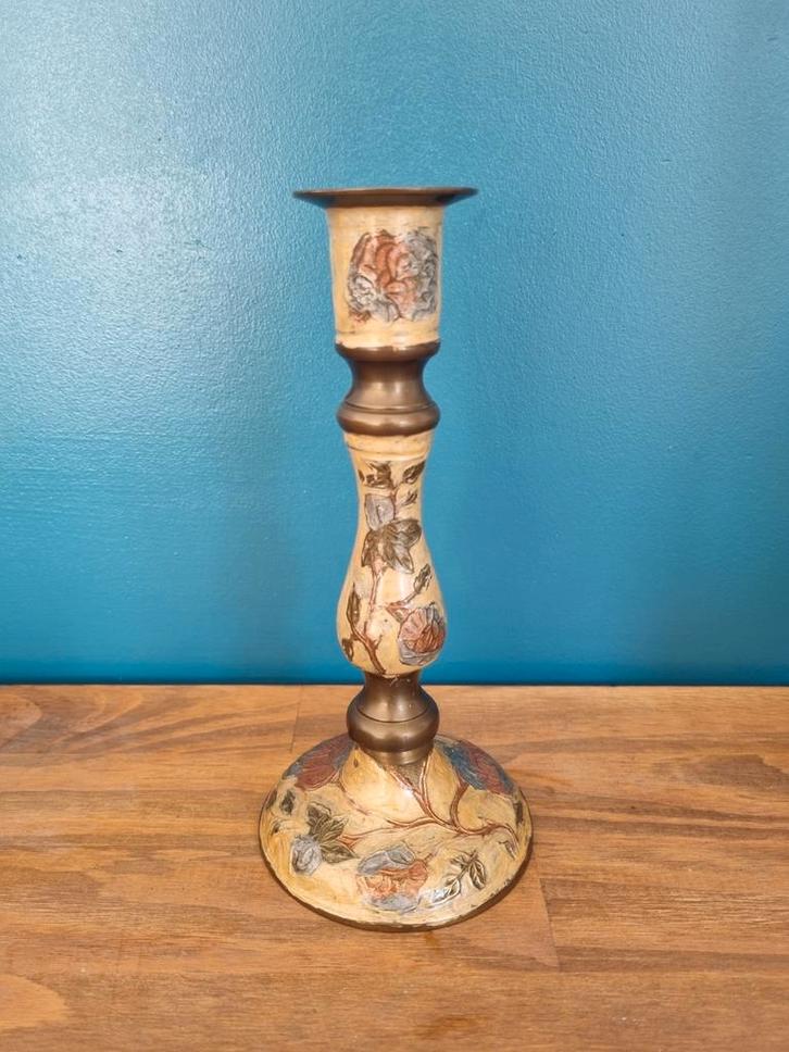 Messing Kandelaar met Emaille Bloemen, Antiek en Kunst, Curiosa en Brocante, Ophalen of Verzenden