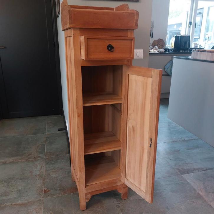 Teakhouten drankkast met lade en deur, Huis en Inrichting, Kasten | Dressoirs, Gebruikt, Minder dan 50 cm, 25 tot 50 cm, Met lade(s)