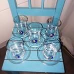 Theeglazen met schotel met blauw beschermoog 5 stuks, Glas of Glazen, Ophalen of Verzenden, Overige stijlen, Glas