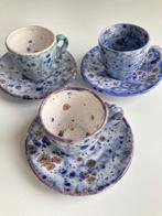 3 espresso kopjes handgemaakt blauw gespikkeld keramiek, Huis en Inrichting, N, N, Keramiek, Ophalen of Verzenden